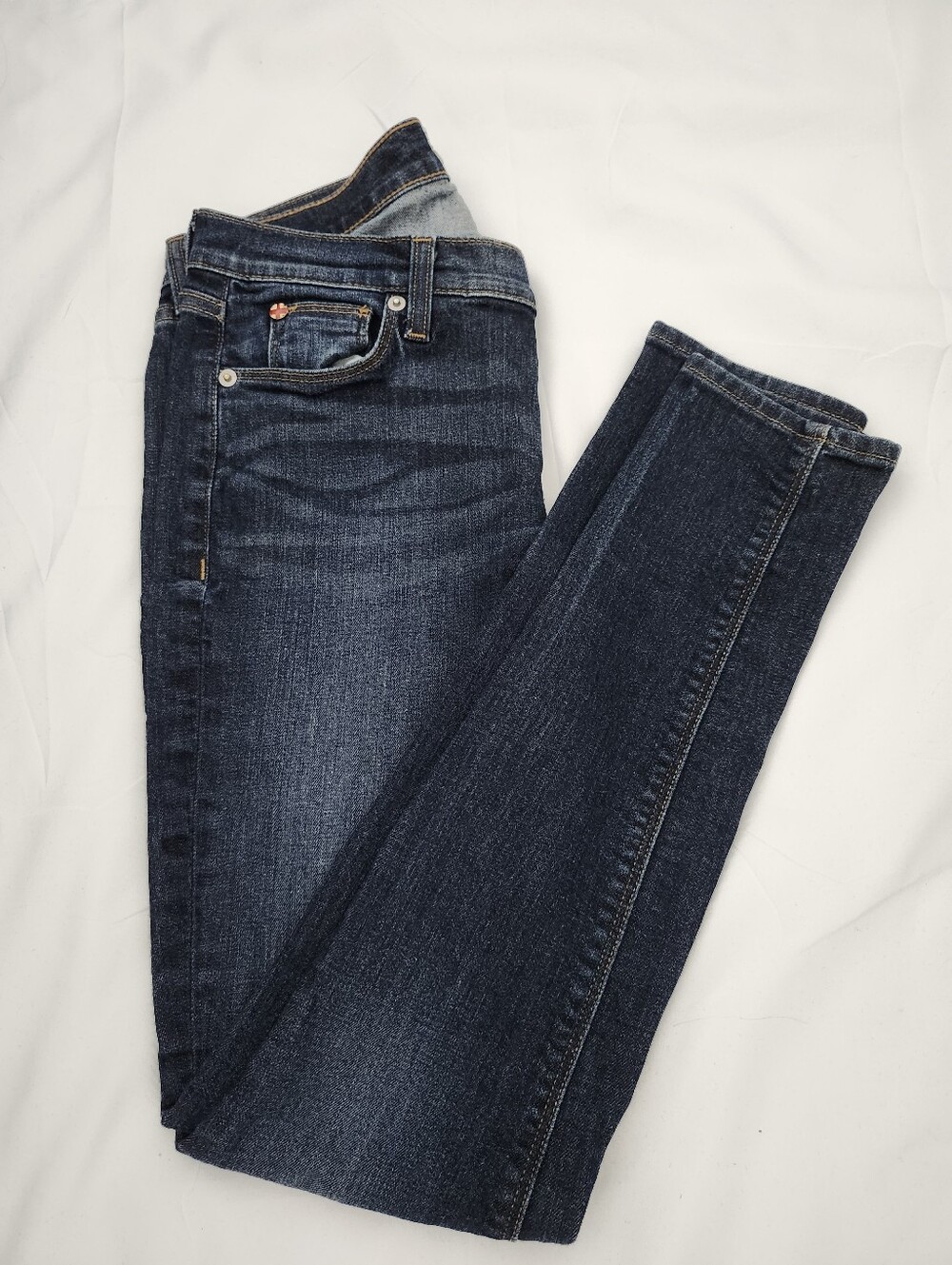 Hudson Jeans dark indigo denim with contrast gold stitching